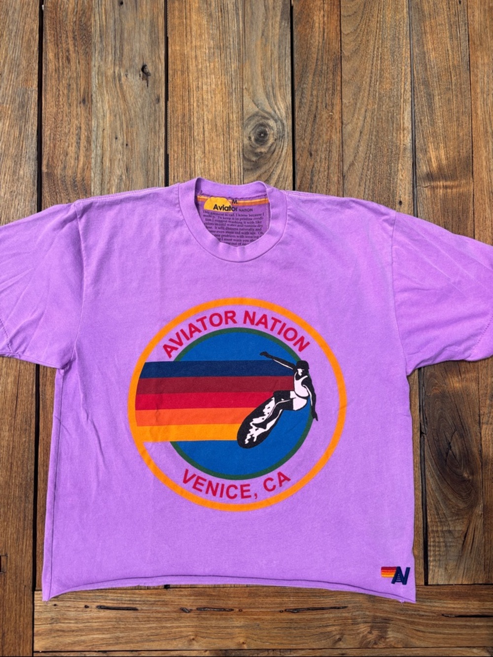 Aviator Nation Lavender Graphic Tee with Retro Surf Emblem